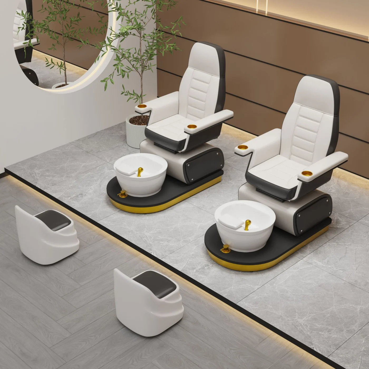 Overhead salon planning visualization with two YIO-C11 pedicure stations